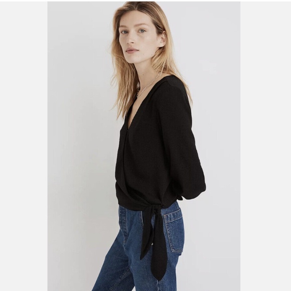 Madewell Black Smocked-Sleeve Wrap Top, Size XXS - Picture 2 of 10